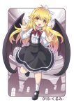  1girl bat_wings black_skirt blonde_hair bow colonel_aki commentary_request fang full_moon hair_bow hands_up kurumi_(touhou) long_hair looking_at_viewer moon open_mouth shirt skirt smile solo touhou translation_request white_shirt window wings yellow_eyes 