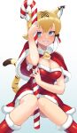  1girl absurdres alternate_costume animal_ear_fluff animal_ears bangs bell blonde_hair blue_eyes breasts candy candy_cane capelet commentary dress food fur-trimmed_capelet fur-trimmed_dress fur_collar fur_trim hair_between_eyes highres kemono_friends knees_together_feet_apart large_breasts looking_at_viewer multicolored_hair neck_bell parted_lips red_capelet red_dress sawara_noa short_hair sidelocks sitting smile smilodon_(kemono_friends) solo tail tiger_ears tiger_girl tiger_tail two-tone_hair white_hair 