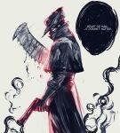  1boy bangs bloodborne capelet coat english_text feet_out_of_frame from_side gloves glowing glowing_eye gun handgun hat highres holding holding_gun holding_weapon hunter_(bloodborne) long_sleeves red_eyes saw_cleaver solo speech_bubble tricorne weapon yourfreakyneighbourh 