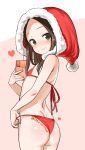  1girl ass bikini body_writing brown_eyes brown_hair cellphone closed_mouth commentary flat_chest from_behind fur-trimmed_headwear hat heart highres holding holding_phone karakai_jouzu_no_takagi-san long_hair looking_at_viewer looking_back merry_christmas note2000 phone pink_background red_bikini red_headwear santa_hat selfie smile solo swimsuit takagi-san two-tone_background white_background 