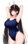 1girl absurdres alternate_breast_size armpits arms_behind_head azur_lane black_hair blue_one-piece_swimsuit breasts catnnn cleavage competition_swimsuit covered_navel cowboy_shot highres horns huge_breasts impossible_clothes impossible_swimsuit long_hair looking_at_viewer noshiro_(azur_lane) noshiro_(unwinding_in_the_sunshine)_(azur_lane) official_alternate_costume one-piece_swimsuit oni_horns purple_eyes school_swimsuit simple_background standing swimsuit very_long_hair white_background 