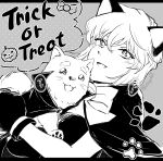  1girl :d alternate_costume animal animal_ears astrayin bangs blush bow bowtie capelet cat cat_ears english_text fangs gloves haibara_ai halloween_costume highres meitantei_conan monochrome paw_print short_hair smile solo teeth trick_or_treat 