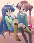  2girls blue_hair blush couch food green_eyes hair_between_eyes hiiragi_kagami izumi_konata lucky_star mole mole_under_eye multiple_girls nirata_masoba open_mouth pocky purple_hair shorts sitting yuri 