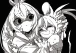  2girls animal_ears bangs bare_shoulders bidortw black_background breasts closed_eyes closed_mouth collar commentary english_commentary greyscale hair_between_eyes hair_ornament hakos_baelz high_contrast highres holocouncil hololive hololive_english hug long_hair monochrome mouse_ears mouse_girl mouse_tail multiple_girls nanashi_mumei open_mouth simple_background tail upper_body 
