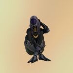  alien alien_humanoid biped crossed_legs environmental_suit female happy hi_res hidden_face hood humanoid knife mass_effect meme_erect quarian sitting solo tali&#039;zorah unusual_eyes visor 