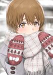  1girl bangs blurry blurry_background blush breath brown_hair coat commentary covering_mouth enpera grey_coat hagiwara_yukiho hair_between_eyes highres idolmaster idolmaster_(classic) idolmaster_million_live! long_sleeves looking_at_viewer mittens plaid plaid_scarf scarf solo tsurui winter_clothes 