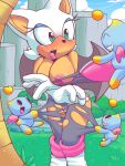  ambiguous_gender anthro bat blush breasts chao_(sonic) chao_garden clothing female genitals gloves green_eyes group handwear hi_res mammal membrane_(anatomy) membranous_wings open_mouth outside pussy rexin rouge_the_bat sega sonic_the_hedgehog_(series) surprised_expression torn_clothing undressing_another wings 