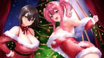  2girls ahoge alternate_costume asanagi_shion azur_lane baltimore_(azur_lane) breasts bremerton_(azur_lane) brown_hair christmas christmas_ornaments christmas_tree cleavage dress fur-trimmed_dress fur_trim grey_hair highres huge_breasts long_hair long_sleeves looking_at_viewer medium_hair multicolored_hair multiple_girls off_shoulder open_mouth pink_eyes pink_hair red_dress santa_costume santa_dress twintails two-tone_hair yellow_eyes 