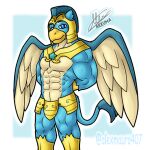  abs alexmauro407 anthro anthrofied armor avian beak blue_body blue_eyes digital_media_(artwork) feathered_wings feathers friendship_is_magic gallus_(mlp) gryphon hands_behind_back hasbro headgear helmet looking_at_viewer male multicolored_body muscular muscular_anthro muscular_male my_little_pony mythological_avian mythology royal_guard_(mlp) signature smile solo standing tail_tuft tan_body tan_feathers tuft two_tone_body wings yellow_beak 