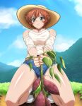  1girl bangs blue_shorts blue_sky bob_cut breasts breasts_squeezed_together brown_hair brown_headwear chinkyuu_koudai cleavage closed_mouth day detached_sleeves green_eyes hair_between_eyes hat ikkitousen kneeling large_breasts leaning_back long_sleeves micro_shorts mountainous_horizon outdoors shiny shiny_hair shiny_skin short_hair shorts sky sleeveless sleeveless_sweater socks solo sun_hat sweater white_sleeves white_socks white_sweater 