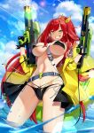  1girl belt bikini black_bikini bow breasts clenched_teeth cloud cluseller dragon_tattoo elly_(vtuber) english_commentary hair_bow highres indie_virtual_youtuber jacket large_breasts long_hair narrow_waist navel ponytail second-party_source sky smile swimsuit tattoo teeth virtual_youtuber water_gun wet yellow_bow yellow_jacket 
