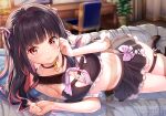  1girl asmr bangs bare_shoulders black_hair blush breasts cleavage_cutout clothing_cutout detached_sleeves fujima_takuya hair_ornament long_hair looking_at_viewer lying midriff multicolored_hair navel official_art on_side original red_eyes ribbon skirt small_breasts smile socks solo streaked_hair thigh_strap 