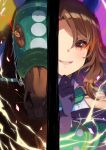  1girl animal_ears black_gloves brown_eyes brown_hair commentary_request creature_and_personification electricity gloves glowing glowing_eye highres horse horse_ears horse_girl king_halo_(racehorse) king_halo_(umamusume) mask nino_(shira) smile umamusume 