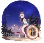  1girl animal animal_ears azur_lane bangs bare_shoulders bird bow braid cloud fireworks food full_body gradient gradient_sky grey_eyes grey_hair hair_bow hairband highres holding holding_food ice_cream ice_cream_cone innertube kazagumo_(azur_lane) kazagumo_(placid_waves_passionate_heart)_(azur_lane) long_hair looking_at_viewer luggage nagu night night_sky ocean official_art one-piece_swimsuit sailor_collar sandals see-through simple_background sky solo star_(sky) star_(symbol) star_print starry_sky swimsuit toes twin_braids twintails water 