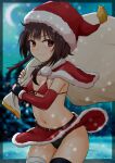  1girl absurdres bandaged_leg bandages bangs bikini black_gloves black_panties black_thighhighs blunt_bangs blurry blurry_background blush breasts brown_hair capelet christmas closed_mouth clothes_lift commentary covered_nipples cowboy_shot crescent_moon fingerless_gloves floating_clothes floating_hair front-tie_bikini_top front-tie_top fur-trimmed_capelet fur-trimmed_headwear fur-trimmed_skirt fur_trim gloves hat highres holding holding_sack kono_subarashii_sekai_ni_shukufuku_wo! looking_at_viewer looking_to_the_side megumin miniskirt moon navel panties pom_pom_(clothes) red_bikini red_capelet red_eyes red_skirt sack santa_costume santa_hat short_hair short_hair_with_long_locks sidelocks single_thighhigh sirokohi skirt skirt_lift small_breasts smile snow snowing solo swimsuit thighhighs thighs tree underwear white_fur wind wind_lift 