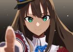  1girl absurdres bangs blue_ribbon blurry bokeh brown_hair collared_shirt depth_of_field eyebrows_hidden_by_hair frills garuku1120 gradient gradient_background green_eyes hat highres idolmaster idolmaster_cinderella_girls long_hair looking_at_viewer pointing pointing_at_viewer portrait ribbon shibuya_rin shirt smile solo straight_hair sweatdrop 