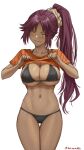  &gt;:) 1girl bangs black_bra black_panties bleach blush bra breasts clothes_lift collarbone dark-skinned_female dark_skin half-closed_eyes headband highres large_breasts long_hair midriff navel orange_shirt panties parted_bangs parted_lips ponytail purple_hair seductive_smile shihouin_yoruichi shinsaku_(stan-art) shirt shirt_lift sidelocks signature simple_background skindentation smile solo standing thigh_gap thighs underwear v-shaped_eyebrows very_long_hair white_background yellow_eyes 