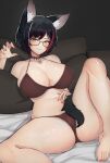  1girl animal_ear_fluff animal_ears bangs bare_legs barefoot black_choker black_hair blush bra choker claw_pose closed_mouth female_pubic_hair glasses highres hololive knees_up looking_at_viewer multicolored_hair nail_polish on_bed ookami_mio panties pillow pubic_hair red_bra red_hair red_nails red_panties short_hair smile solo streaked_hair tail toenail_polish toenails underwear underwear_only varniskarnis virtual_youtuber wolf_ears wolf_tail yellow_eyes 
