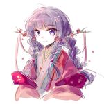  akinomiya_asuka alternate_hairstyle bangs blunt_bangs braid closed_mouth commentary_request flower hair_flower hair_ornament haori japanese_clothes kimono long_hair long_sleeves mystical_power_plant original pink_flower pink_kimono portrait purple_eyes purple_hair simple_background sketch smile touhou twin_braids white_background yaezaki_an 