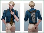  1boy adjusting_clothes adjusting_necktie animal_print ass back belt blonde_hair blue_shirt brown_belt chachashima collared_shirt cowboy_shot formal grey_pants hand_in_pocket highres holding holding_weapon holster holstered_weapon jujutsu_kaisen leopard_print long_sleeves looking_at_viewer male_focus nanami_kento necktie pants shirt short_hair sleeves_rolled_up solo undercut watch weapon wristwatch yellow_necktie 