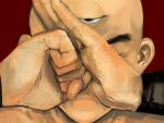  1boy bald black_eyes clenched_hand close-up closed_eyes dragon_ball dragon_ball_(classic) highres male_focus own_hands_together portrait red_background sepa_(dorodoromiso) solo tenshinhan third_eye 
