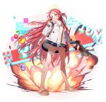  1girl 2t_(vmyz7342) bangs blue_archive blue_eyes blush commentary english_text explosion feet forehead full_body grenade_launcher gun halo hand_up holding jacket legs long_hair looking_at_viewer no_pants one_side_up oversized_clothes parted_bangs parted_lips red_hair sandals shadow shiny shiny_hair shiny_skin solo standing symbol-only_commentary toenails toes weapon white_background white_jacket yuzu_(blue_archive) 