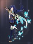  1girl absurdres almostphe alternate_costume armor bangs blue_eyes blue_hair bug butterfly butterfly_wings cape crossover falchion_(fire_emblem) fingerless_gloves fire_emblem fire_emblem_awakening genshin_impact gloves hair_between_eyes highres holding long_hair looking_at_viewer lucina_(fire_emblem) shoulder_armor solo sword tiara twitter_username weapon wings 