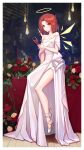  1girl absurdres alcohol alternate_costume alternate_hairstyle arknights bare_legs bare_shoulders champagne_flute commentary_request cup dress drinking_glass exusiai_(arknights) flower halo high_heels highres holding holding_cup looking_at_viewer off-shoulder_dress off_shoulder red_eyes red_flower red_hair red_rose rose short_hair sitting smile solo thighs toyzz_(wanjuww) white_dress white_footwear wine 