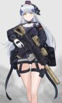  1girl absurdres assault_rifle bangs closed_mouth cross german_flag girls&#039;_frontline gloves gun haeil2 hair_ornament highres hk416_(girls&#039;_frontline) holding holding_gun holding_weapon iron_cross long_hair long_sleeves looking_at_viewer rifle simple_background solo standing thigh_strap weapon white_gloves white_hair yellow_eyes 