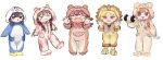  &gt;_&lt; 5girls animal_hood arisugawa_natsuha bear_hood braid chibi dog_hood dumbbell embarrassed full_body gao hamster_hood highres hood houkago_climax_girls_(idolmaster) idolmaster idolmaster_shiny_colors jitome karappo711 komiya_kaho lion_hood morino_rinze multiple_girls o3o official_alternate_costume pajamas paw_shoes penguin_hood saijo_juri simple_background smile sonoda_chiyoko twin_braids white_background 