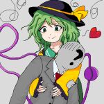  1girl ? anonymous_(4chan) bangs black_headwear blouse bow closed_mouth colored_skin drawfag eyeball frilled_shirt_collar frilled_sleeves frills green_hair green_skirt grey_background grey_skin hat hat_bow hat_ribbon heart heart_of_string komeiji_koishi long_sleeves lowres medium_hair ribbon shirt simple_background skirt smile solo tegaki_draw_and_tweet third_eye touhou upper_body wavy_hair wide_sleeves yellow_bow yellow_ribbon yellow_shirt 