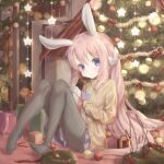  100_percent_orange_juice 1girl animal_ears character_request christmas christmas_ornaments christmas_tree gift highres legs long_hair pantyhose pink_hair purple_eyes rabbit_ears scorpioncard sitting skirt very_long_hair 