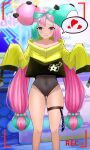 absurdres aqua_hair bigboss021 black_leotard bow-shaped_hair character_hair_ornament covered_navel hair_ornament heart highres iono_(pokemon) jacket leotard long_hair low_twintails multicolored_hair pink_eyes pink_hair pokemon pokemon_(game) pokemon_sv sleeves_past_fingers sleeves_past_wrists spoken_heart thigh_strap twintails two-tone_hair very_long_hair very_long_sleeves viewfinder 