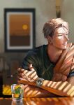  1boy alcohol blonde_hair blue_shirt brown_eyes cover cup drinking_glass glass holding holding_eyewear indoors jujutsu_kaisen male_focus maoyaoyao519 nanami_kento photo_(object) picture_frame shirt short_hair short_sleeves solo sunglasses upper_body watch whiskey wristwatch 