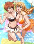  2girls antenna_hair bangs bare_arms bare_legs barefoot bikini blonde_hair blue_eyes breast_press breasts brown_bikini brown_hair chinkyuu_koudai cleavage collarbone fang floating_hair front-tie_bikini_top front-tie_top green_eyes hair_between_eyes hand_on_another&#039;s_shoulder ikkitousen large_breasts leg_up long_hair microskirt multiple_girls open_mouth orange_bikini orange_skirt pleated_skirt shiny shiny_hair shiny_skin short_hair sideboob skirt sonsaku_hakufu straight_hair sweatdrop swimsuit very_long_hair white_skirt 