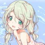  1girl bangs blonde_hair blue_background blush collarbone female_child flat_chest green_eyes hair_flaps haruichi_(komikal) idolmaster idolmaster_cinderella_girls looking_at_viewer low_twintails medium_hair messy_hair no_bra open_mouth pink_shirt see-through shirt smile solo splashing strap_slip tank_top twintails water water_drop wet wet_clothes wet_hair wet_shirt yusa_kozue 