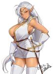  1girl armpits breasts circlet cleavage covered_nipples dark-skinned_female dark_elf dark_skin elf gloves large_breasts long_hair long_pointy_ears looking_at_viewer masami_chie pirotess pointy_ears record_of_lodoss_war simple_background solo sword weapon white_background white_hair 