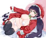  1girl bangs bikini blush breasts coat commentary dot_nose fur-trimmed_coat fur-trimmed_sleeves fur_trim gloves green_eyes hair_ornament hair_scrunchie hat highres kurokawa_makoto large_breasts long_hair long_sleeves looking_at_viewer love_live! love_live!_school_idol_project low_twintails navel open_clothes open_coat open_mouth pink_scrunchie purple_hair red_coat red_footwear red_gloves red_headwear santa_hat scrunchie side-tie_bikini_bottom skindentation smile solo swimsuit thighhighs thighs toujou_nozomi twintails underboob very_long_hair white_bikini 