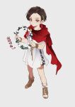  1boy aged_down bangs child cowboy_shot doran_(doran7280) head_wreath highres holding_wreath kamen_rider kamen_rider_geats_(series) male_child male_focus red_eyes red_scarf roman_clothes sandals scarf short_hair toga translation_request ukiyo_ace white_background wreath 