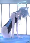  animal_ears blue_archive blue_earrings blue_eyes blush competition_swimsuit grey_hair halo heavy_breathing highres long_hair looking_down one-piece_swimsuit open_mouth school_swimsuit shiroko_(blue_archive) shiroko_(swimsuit)_(blue_archive) swimsuit varsoligt wet wet_clothes wet_swimsuit wolf_ears 