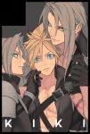  3boys arm_ribbon armor bangs black_gloves black_jacket blonde_hair blue_eyes chest_strap cloud_strife final_fantasy final_fantasy_vii final_fantasy_vii_advent_children final_fantasy_vii_ever_crisis gloves green_eyes grey_hair hair_between_eyes hand_in_another&#039;s_hair holding_hands jacket kiki_lala long_bangs long_hair looking_at_viewer male_focus multiple_boys parted_bangs parted_lips pink_ribbon ribbon sephiroth short_hair shoulder_armor spiked_hair sweatdrop time_paradox upper_body wide-eyed wolf yaoi 