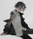  1boy absurdres arm_support arm_tattoo black_eyes black_hair black_jacket black_pants collarbone commentary ear_piercing earrings english_commentary grey_background hair_bun highres jacket jewelry kamui_(kurohshiro1) looking_at_viewer male_focus multiple_piercings multiple_rings neck_tattoo off_shoulder open_clothes open_jacket original pants parted_lips piercing profile ring shirt short_hair shoulder_tattoo sidelocks sideways_glance simple_background single_hair_bun sitting sleeveless sleeveless_shirt solo tank_top tattoo white_shirt white_tank_top 