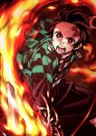  1boy black_pants brown_eyes brown_hair checkered_haori demon_slayer_uniform fire flaming_sword flaming_weapon furrowed_brow hanafuda_earrings highres kamado_tanjirou kimetsu_no_yaiba male_focus matsugi_zuntaro open_mouth pants scar scar_on_face scar_on_forehead solo 