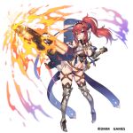  1girl angry armored_boots bangs boots breasts cleavage clenched_teeth gauntlets gemini_seed hair_between_eyes high_heels holding holding_weapon knee_boots large_breasts navel official_art pointy_ears ponytail red_hair simple_background solo standing sword teeth tubumi weapon white_background 