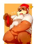  2022 anthro balls bear belly big_belly blush brown_body censored christmas christmas_clothing christmas_headwear clothing eyewear flaccid genitals glasses hat headgear headwear hi_res holidays kemono kumazawow lifewonders male mammal overweight overweight_male penis santa_hat shirt solo tokyo_afterschool_summoners topwear volos 