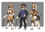  2022 african_wild_dog anthro bottomwear cane canid canine classy claws clothed clothing digital_media_(artwork) digitigrade fancy_clothing fur grin hat hat_feather headgear headwear hi_res looking_at_viewer loose_feather male mammal miramore model_sheet nude pants shirt signature simple_background smile solo topwear undershirt vest 