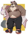  2022 anthro belly big_belly blush bottomwear clothing hi_res kemono lifewonders live-a-hero male mammal moobs nipples overweight overweight_male pants procyonid raccoon solo undressing viscunam whitebeast20 