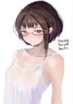  1girl absurdres bangs breasts brown_eyes brown_hair closed_mouth collarbone commission dress glasses hair_intakes hair_ornament hairpin highres iwakura_lain looking_at_viewer medium_breasts serial_experiments_lain simple_background skeb_commission solo super_munico white_background white_dress 