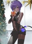  1girl black_gloves black_hairband black_leotard box breasts center_opening christmas christmas_tree dark-skinned_female dark_skin fate/grand_order fate_(series) fingerless_gloves gift gift_box gloves hairband hassan_of_serenity_(fate) highres holding holding_box holding_gift indoors leggings leotard navel purple_eyes purple_hair short_hair small_breasts solo standing taruto_(takug0812) very_dark_skin 