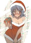  1girl bangs black_ribbon blush breasts burger_hair_ornament christmas cleavage commentary_request cowboy_shot dress dress_tug embarrassed floral_background food-themed_hair_ornament gift giving glasses grey_hair hair_ornament hair_ribbon hamburger-chan_(hundredburger) hat highres holding holding_gift large_breasts leaning_forward looking_at_viewer medium_hair original red_eyes ribbon round_eyewear santa_dress santa_hat short_dress solo spaghetti_strap standing sweat ten_(face) 